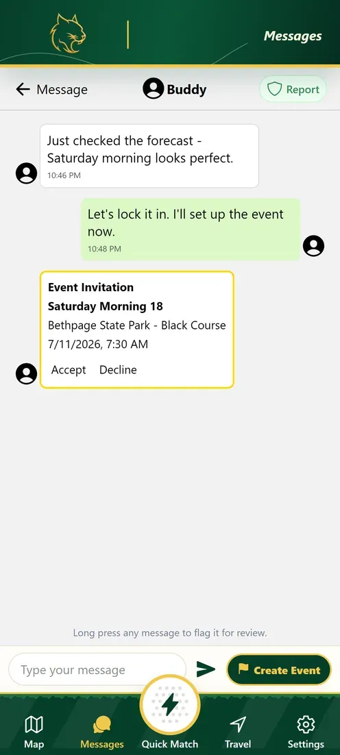 GameLynx conversation showing a tee-time invitation inside a chat thread
