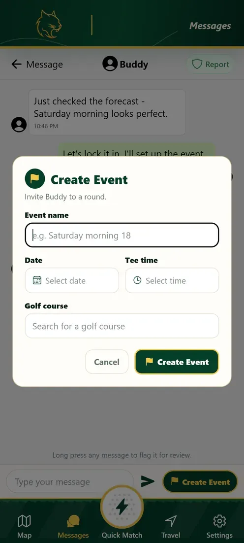 GameLynx create-event screen with a course picker