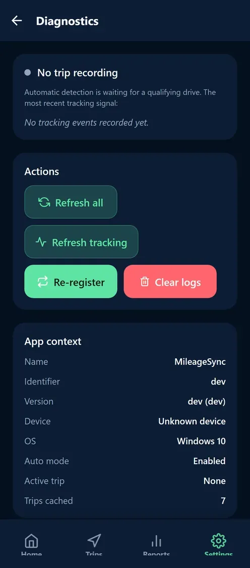 MileageSync diagnostics console showing tracking event logs