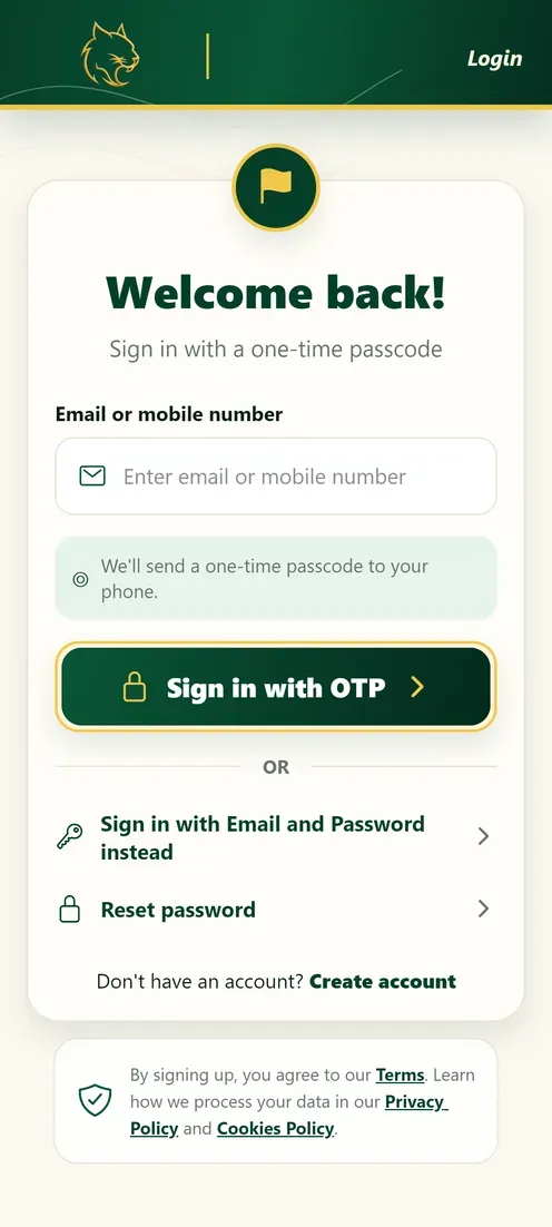 GameLynx passwordless sign-in screen with a one-time passcode field