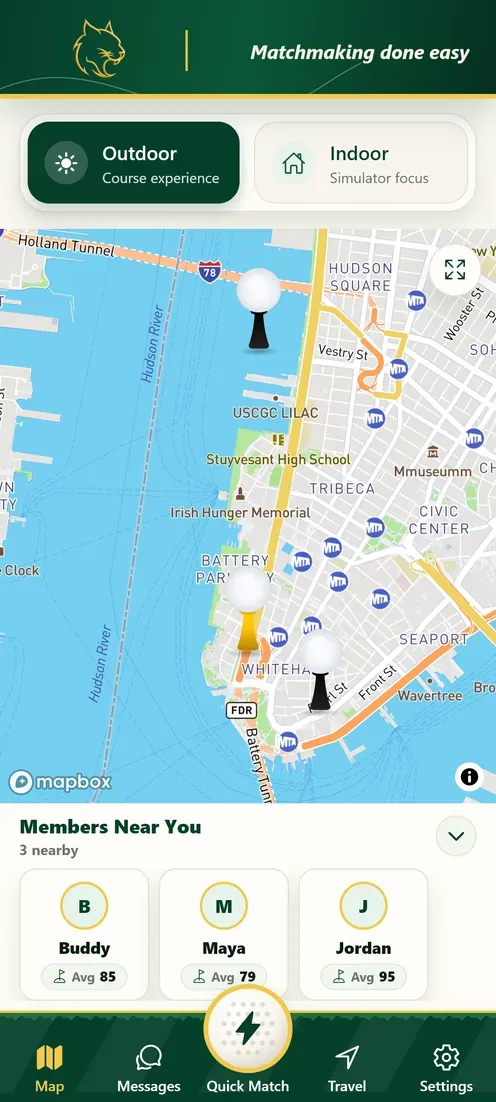 GameLynx member discovery map with clustered golf-tee markers