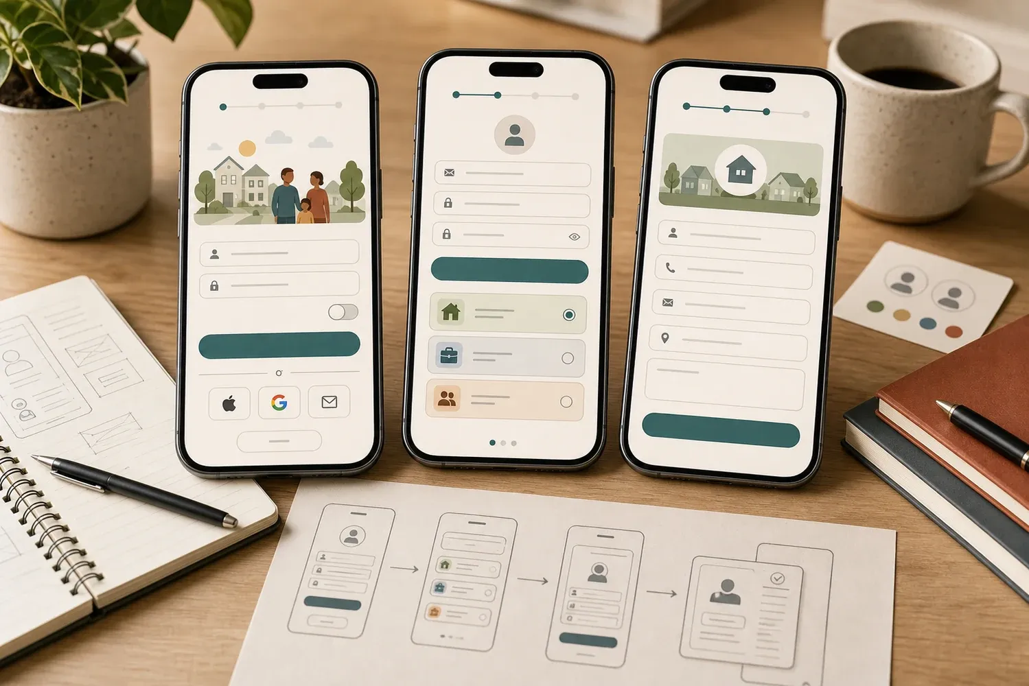 FamilyPromise mobile account flow showing login, account creation, and role selection
