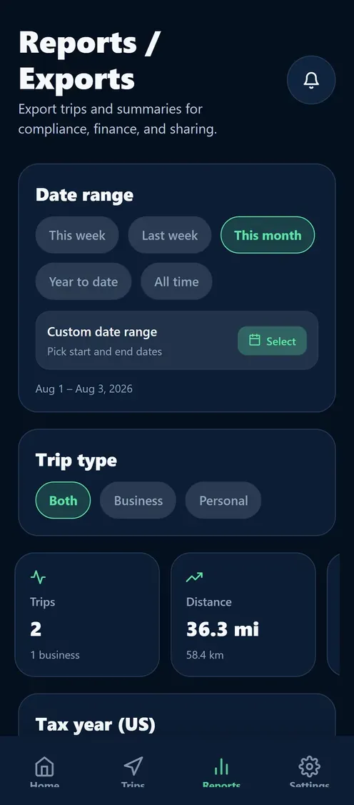 MileageSync reports and exports screen with filters