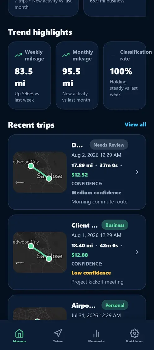 MileageSync screen showing trend highlights and recent trips