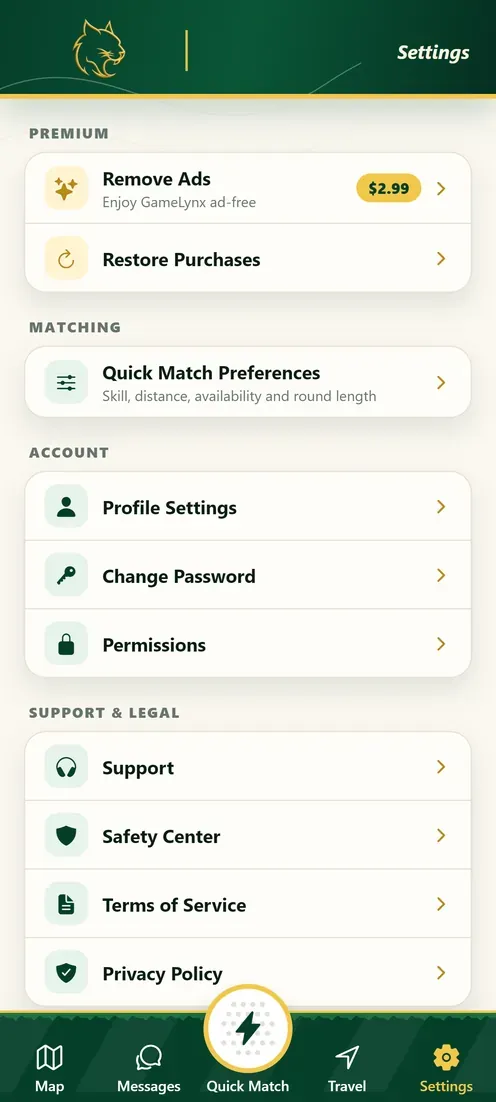 GameLynx settings screen with purchase and preference options