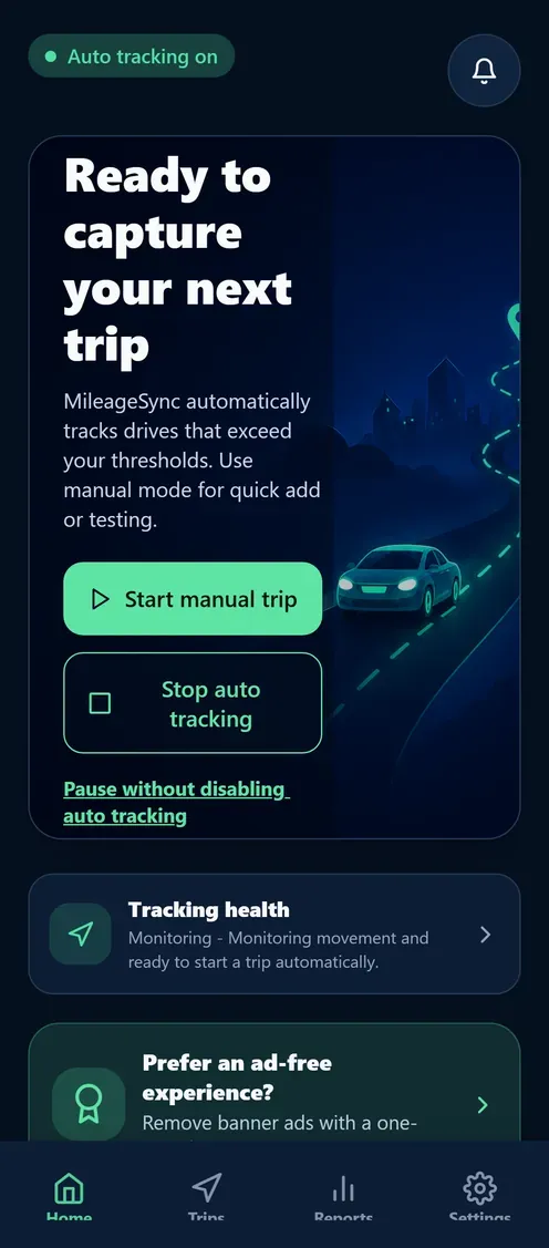 MileageSync tracking home screen with a tracking-health card