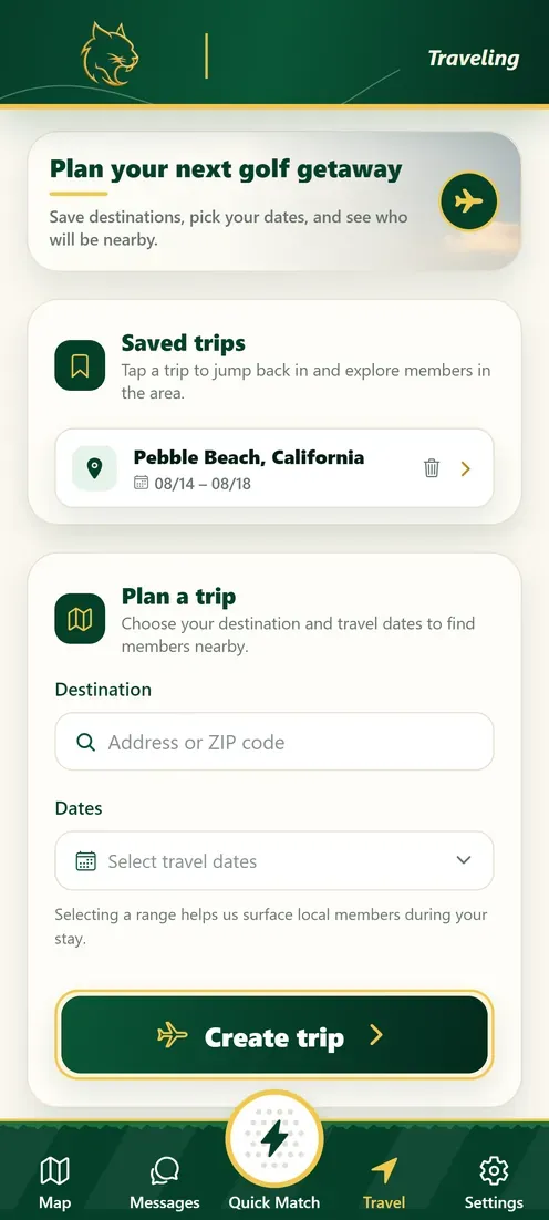 GameLynx travel planning screen for finding players at a destination