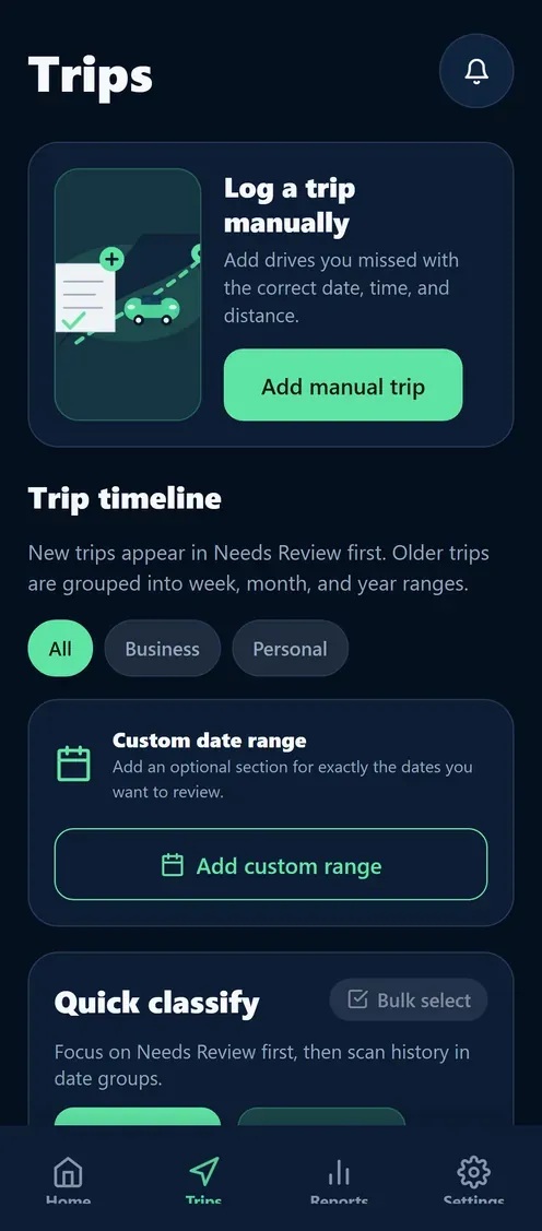 MileageSync trip timeline grouped by period
